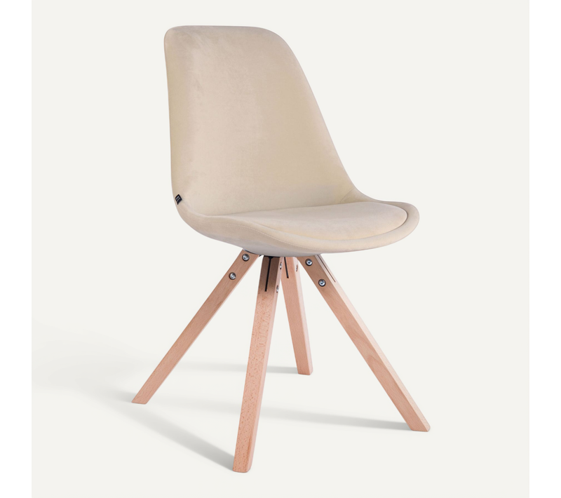 Chaise De Salle à Manger Design Scandinave En Velours Crème Et Pieds En Bois Clair Forme Carré 10_