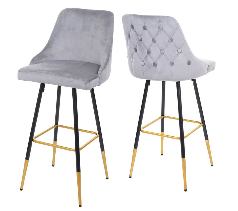2x Tabourets De Bar Comptoir Chaise Haute Pieds Dorés En Velours Design Rétro Gris Dossier Capiton
