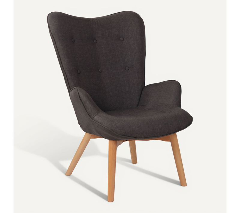 Fauteuil Lounge Style Scandinave Dossier Haut Boutons Décoratifs En Tissu Gris Foncé Pieds En Bois