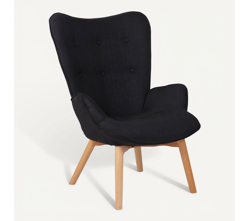 Fauteuil Lounge Style Scandinave Dossier Haut Boutons Décoratifs En Tissu Noir Pieds En Bois Clair