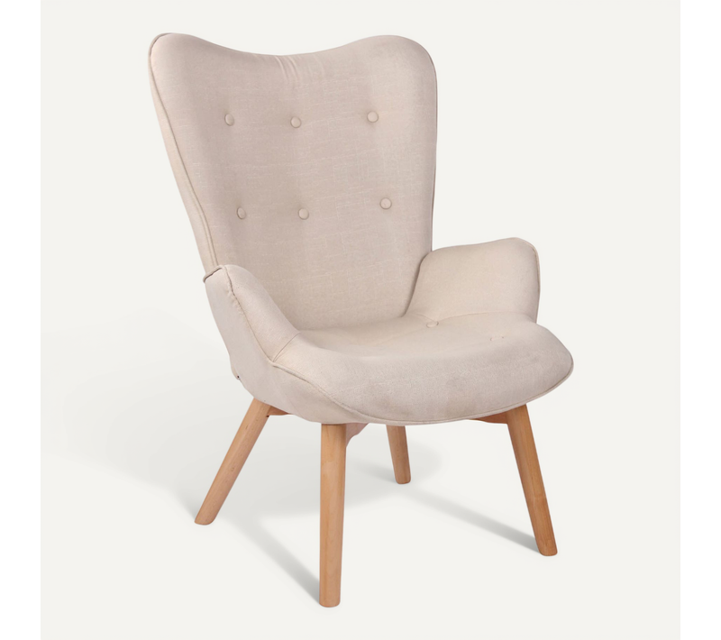 Fauteuil Lounge Style Scandinave Dossier Haut Boutons Décoratifs En Tissu Crème Pieds En Bois Clai