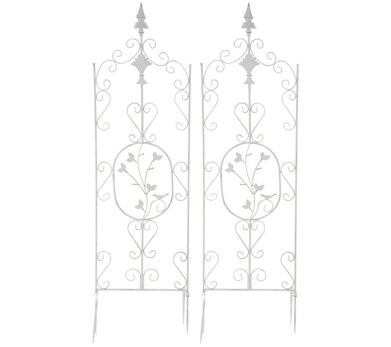 Lot De 2 Treillis De Jardin Support Pour Plantes Grimpantes 122x35 Cm En Métal Blanc Vieilli 10_00