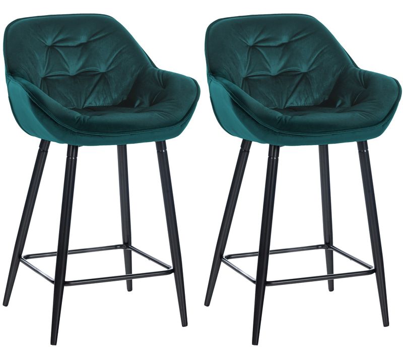 Lot De 2 Tabourets De Bar Chaises Hautes Assise Effet Capitonnée En Velours Vert Foncé Et Métal No