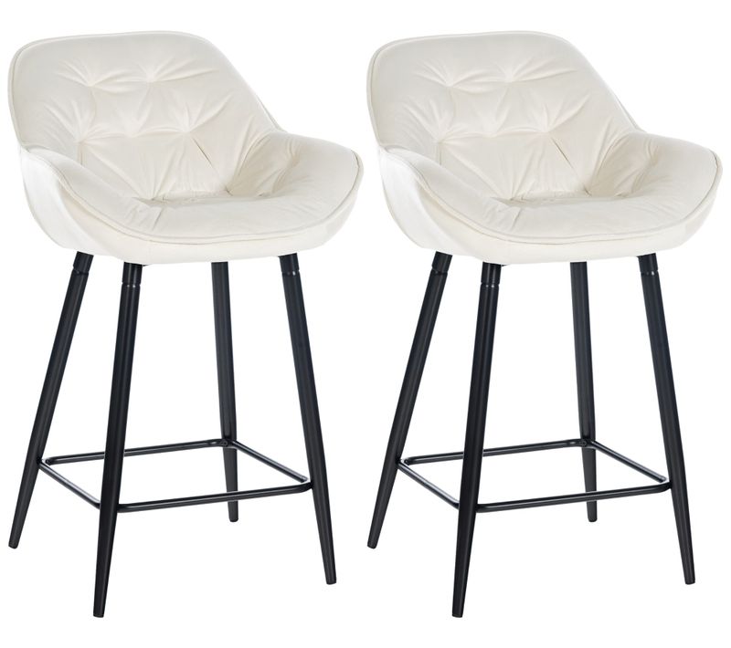 Lot De 2 Tabourets De Bar Chaises Hautes Assise Effet Capitonnée En Velours Crème Et Métal Noir 10