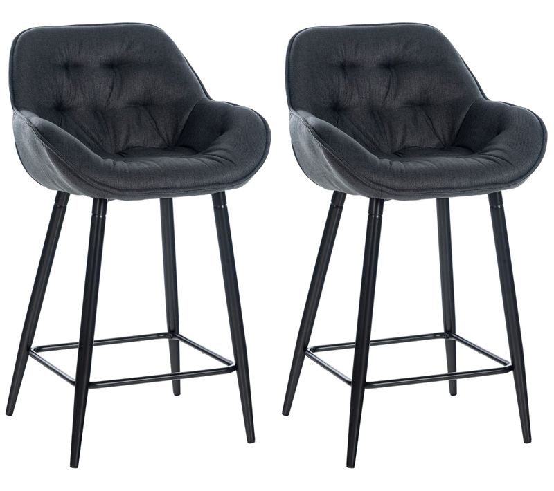 Lot De 2 Tabourets De Bar Chaises Hautes Assise Effet Capitonnée En Tissu Gris Foncé Et Métal Noir