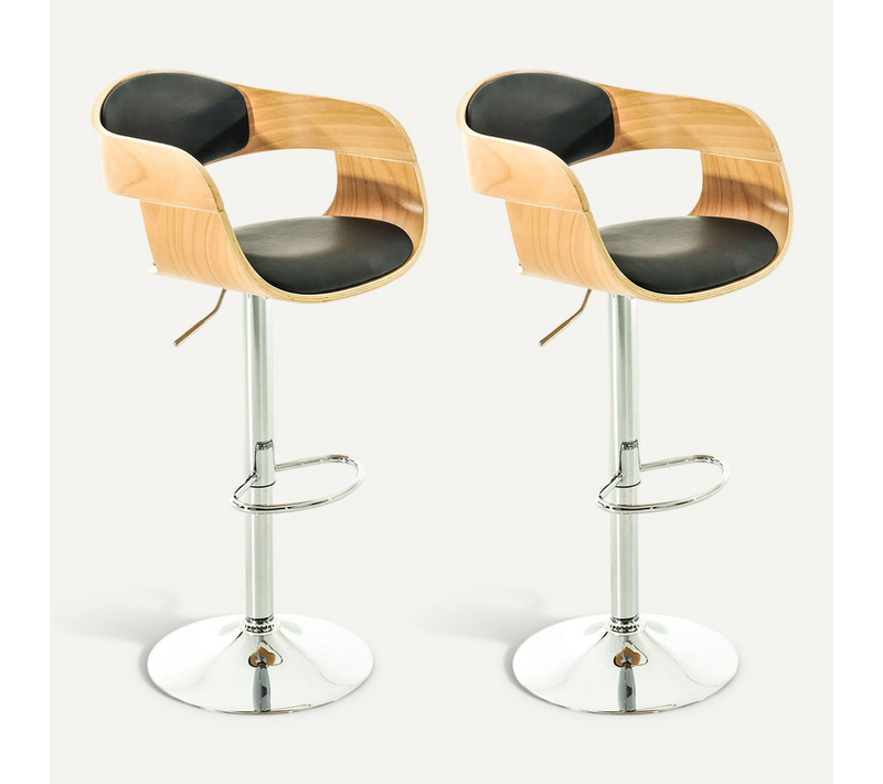 Lot De 2 Tabourets De Bar Design Scandinave En Pvc Noir Et Structure En Bois Couleur Clair 10_0004