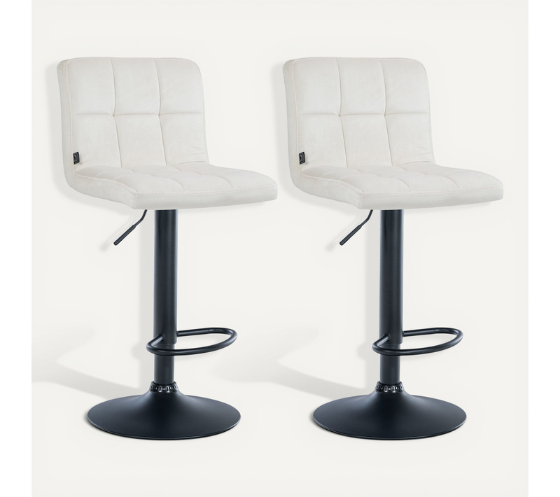 Lot De 2 Tabourets De Bar En Velours Crème Avec Coutures Décoratives Pied En Trompette Métal Noir