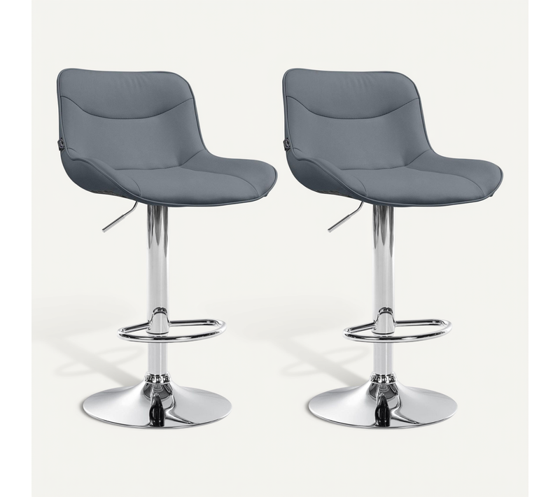 Lot De 2 Tabourets De Bar X1 Avec Coutures Décoratives En Pvc Gris Pied En Trompette Métal Chromé