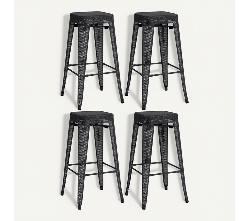 Set De 4 Tabourets De Bar Avec Repose-pieds Design Industriel Empilable En Métal Perforé Noir 10_0