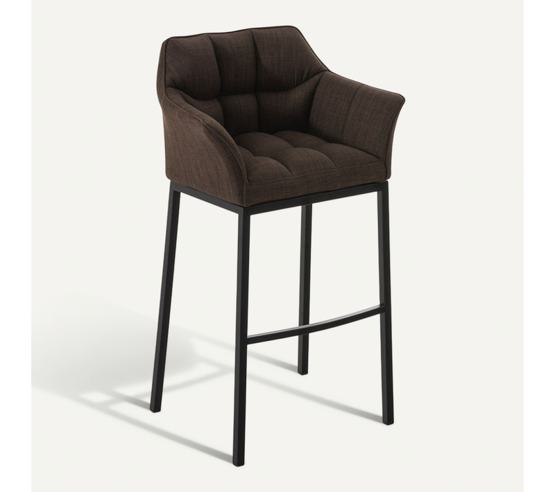 Tabouret De Bar Chaise Haute De Comptoir Couture Carrées Assise En Tissu Marron 4 Pieds Stables