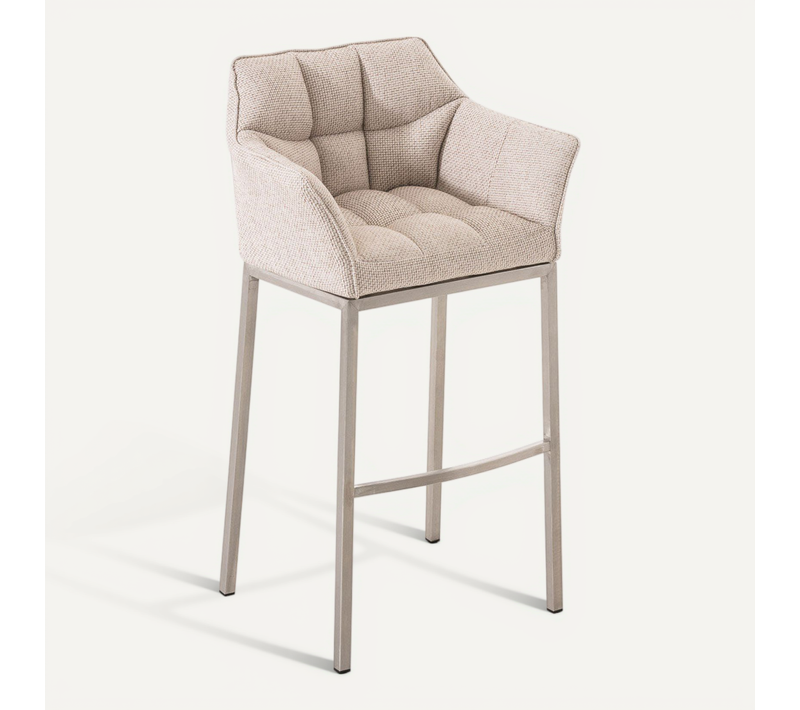 Tabouret De Bar Chaise Haute De Comptoir Couture Carrées Assise En Tissu Crème 4 Pieds Stables