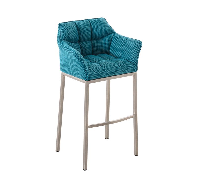Tabouret De Bar Chaise Haute De Comptoir Couture Carrées Assise En Tissu Turquoise 4 Pieds Stables