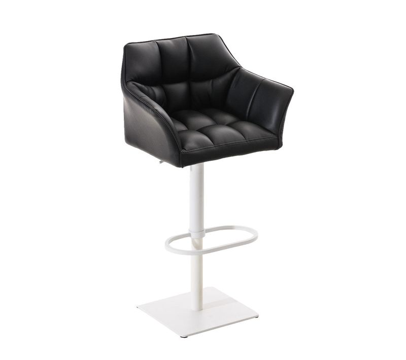 Tabouret De Bar Chaise Haute De Comptoir Couture Carrées Assise En Pvc Noir Cadre En Métal Blanc 1