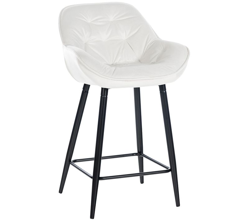 Tabouret De Bar Chaise Haute X1 Assise Effet Capitonnée En Velours Blanc Crème Et Métal Noir 10_00