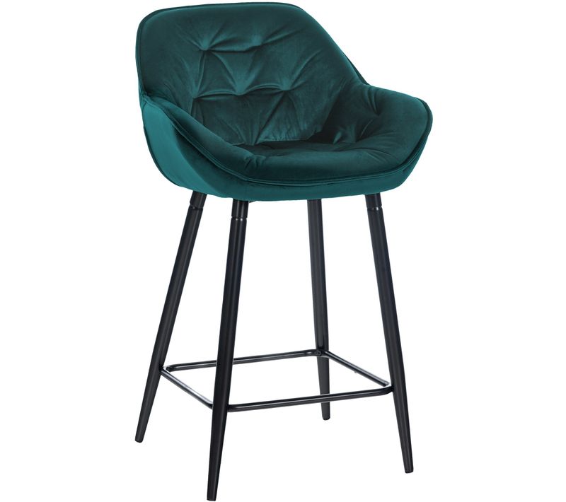 Tabouret De Bar Chaise Haute X1 Assise Effet Capitonnée En Velours Vert Foncé Et Métal Noir 10_000
