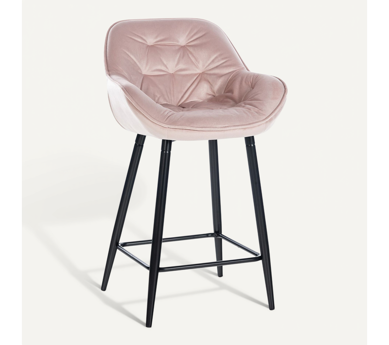 Tabouret De Bar Chaise Haute X1 Assise Effet Capitonnée En Velours Rose Et Métal Noir 10_0004889