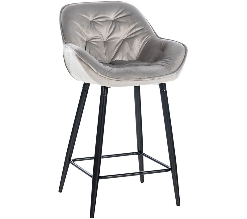 Tabouret De Bar Chaise Haute X1 Assise Effet Capitonnée En Velours Gris Et Métal Noir 10_0004894