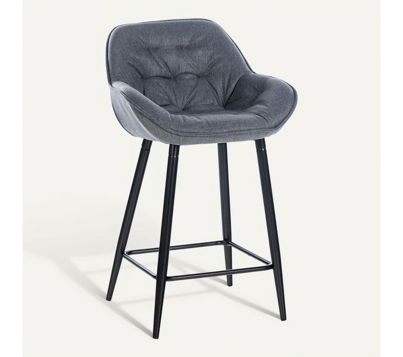 Tabouret De Bar Chaise Haute X1 Assise Effet Capitonnée En Tissu Gris Et Métal Noir 10_0004899