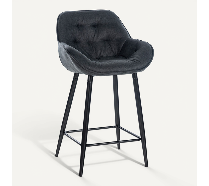Tabouret De Bar Chaise Haute X1 Assise Effet Capitonnée En Tissu Gris Foncé Et Métal Noir 10_00049