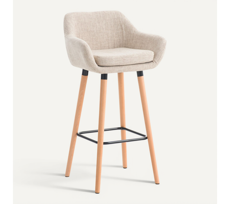 Tabouret De Bar Lounge X1 Design Scandinave Assise En Tissu Crème Pieds En Bois