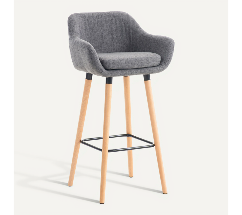 Tabouret De Bar Lounge X1 Design Scandinave Assise En Tissu Gris Clair Pieds En Bois Repose-pieds