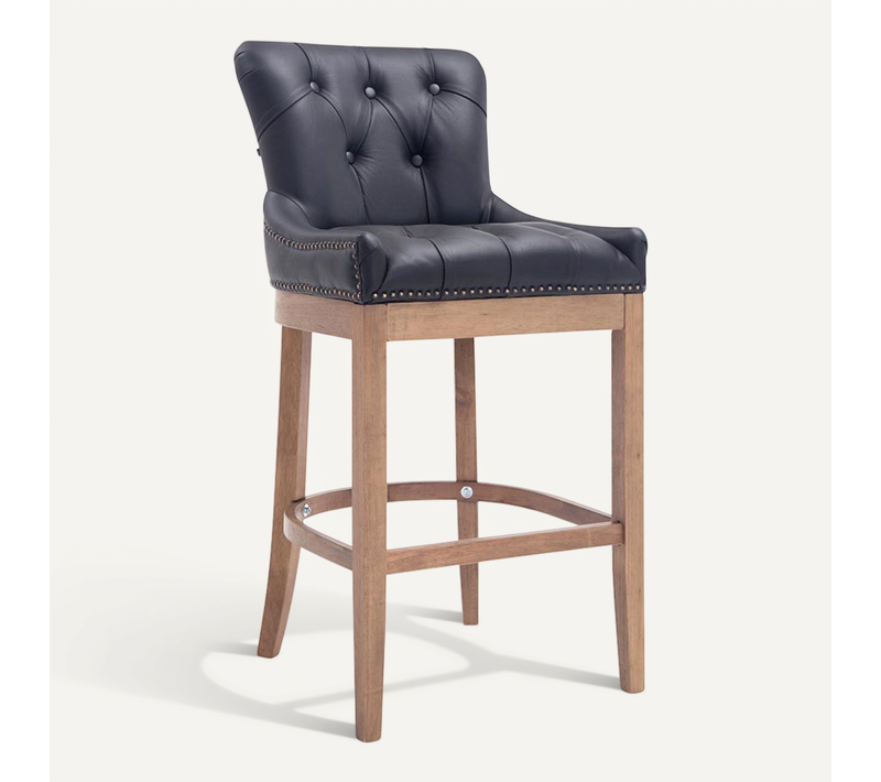 Tabouret De Bar X1 Confortable Design Rétro Assise Capitonné En Véritable Cuir Noir Pieds En Bois