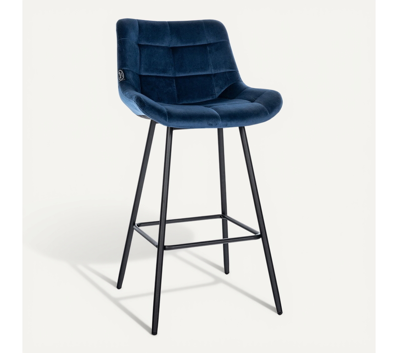 Tabouret De Bar X1 Avec Repose-pieds Revêtement En Velours Bleu Piètement à Quatre Pieds En Métal