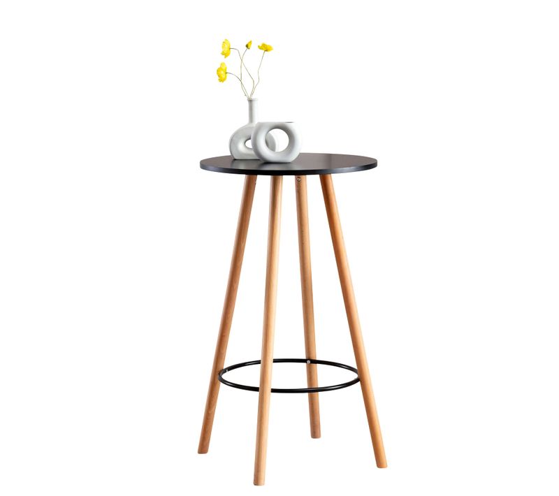 Table Haute De Bar Avec Plateau Rond Repose-pieds Circulaire Métallique Plateau En Bois Noir 10_00