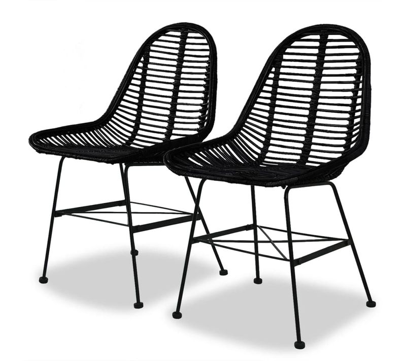 Set De 2 Chaises De Salle à Manger Style Colonial En Rotin Naturel Noir Pieds En Fer Forgé Dec0255