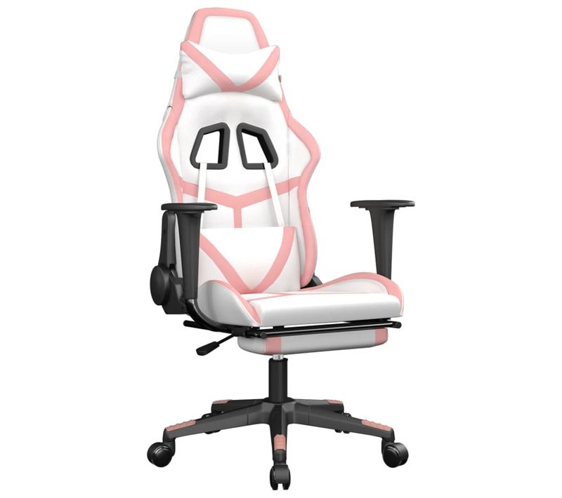 Fauteuil De Bureau Chaise Gaming Avec Coussin Lombaire Avec Repose-pieds En Pvc Blanc Et Rose Dec0