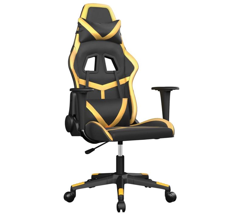 Fauteuil De Bureau Chaise Gaming Sur Roulettes Avec Coussin Lombaire En Pvc Noir Et Doré Dec025905