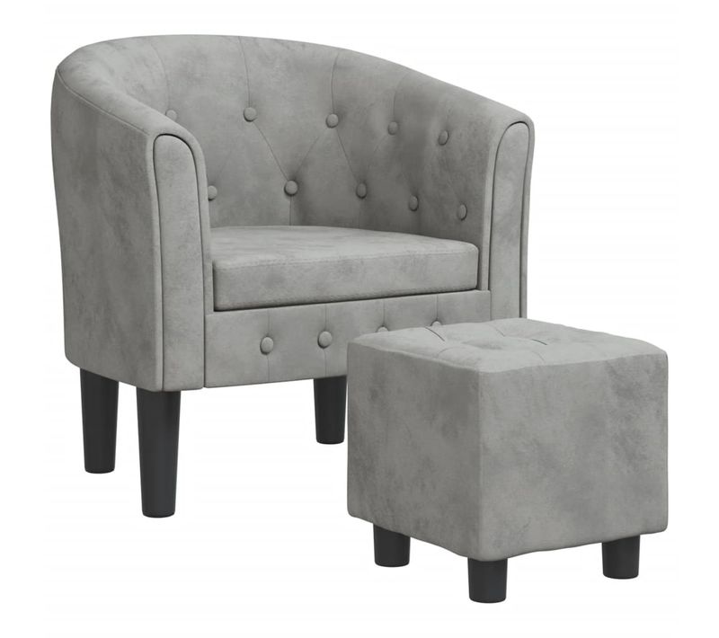 Fauteuil Lounge Design Moderne Avec Repose-pieds En Velours Gris Clair Capitonné Dossier Arrondi D