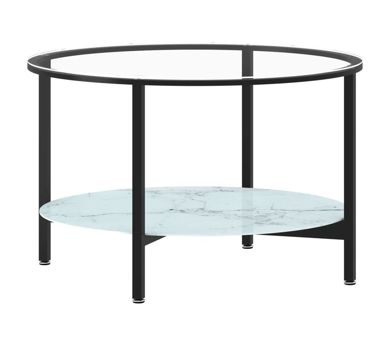 Table Basse 70 Cm Verre Trempé Noir Et Aspect Marbre Blanc Dec032584