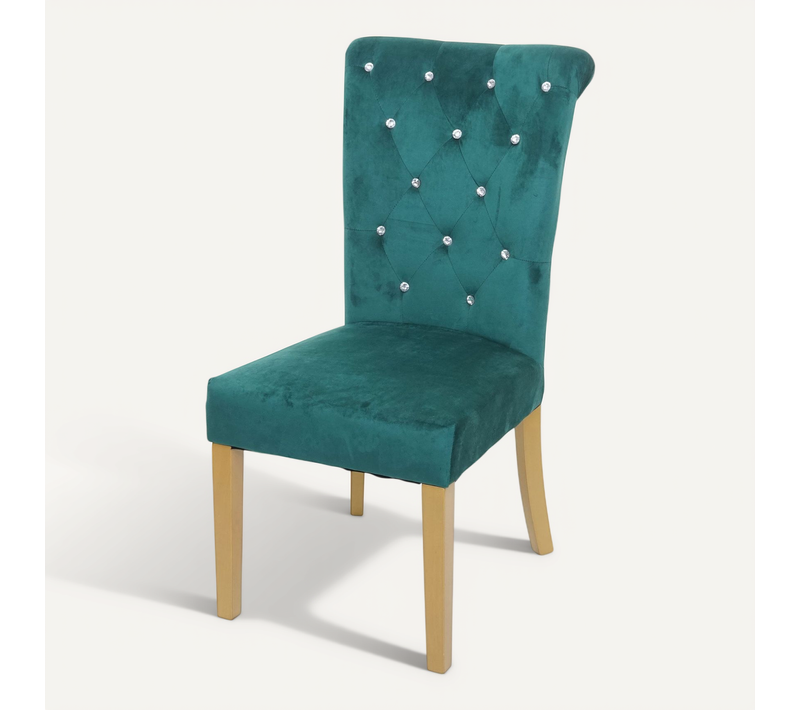Chaise à Manger Cuisine En Velours Vert Foncé Avec Décoration Bouton Cristal Pieds Bois Clairs 04_