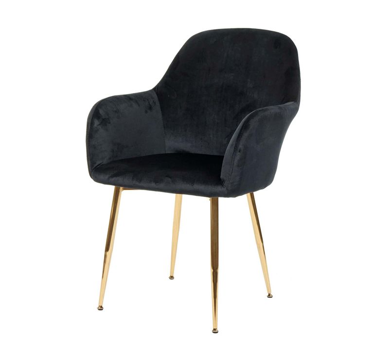 Chaise De Salle à Manger Design Rétro En Tissu Velours Noir Pieds Métal Dorés 04_0002224