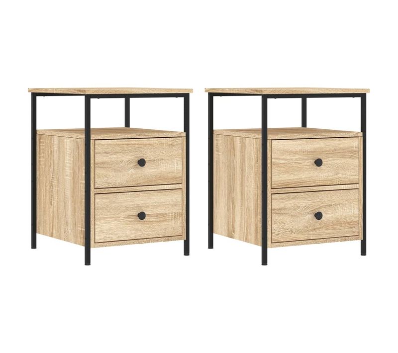 Lot De 2 Tables De Chevet Avec Tiroirs Et Étagère 44 X 45 X 60cm Bois D'ingénierie Couleur Chêne
