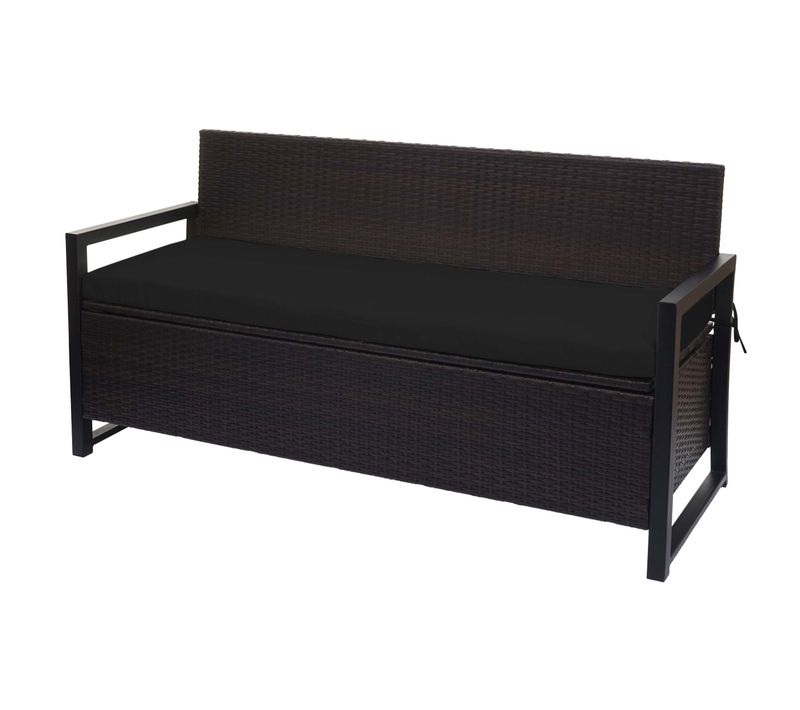 Banc Banquette Avec Compartiment De Rangement 3 Places En Polyrotin Marron Coussin Noir 04_0005807