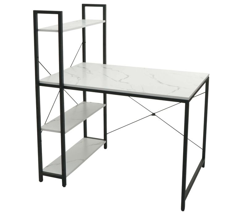 Bureau Avec Étagère Table Pour Ordinateur 100 X 60 Cm Métal Mdf Aspect Marbre Blanc 04_0006014