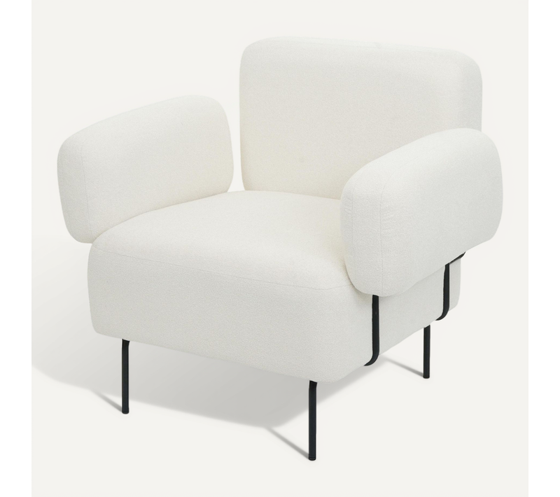 Fauteuil Lounge Assise Large Avec Accoudoirs Assise Rembourrée Tissu Bouclé Blanc Crème Et Métal 0