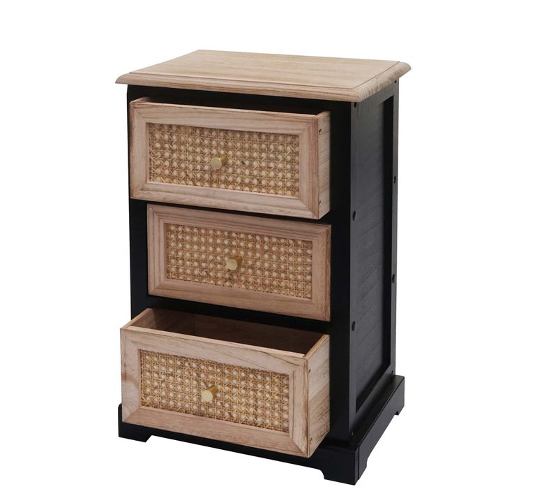Commode Meuble De Rangement Avec 3 Tiroirs En Bois Noir Et Rotin 63x40x28 Cm 04_0006510
