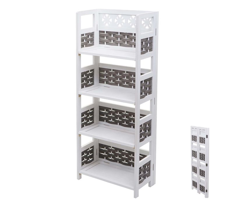 étagère Sur Pied étagère De Salon Pliable 4 Niveaux 110cm En Bois Et Polyrotin Blanc Et Gris 04_00