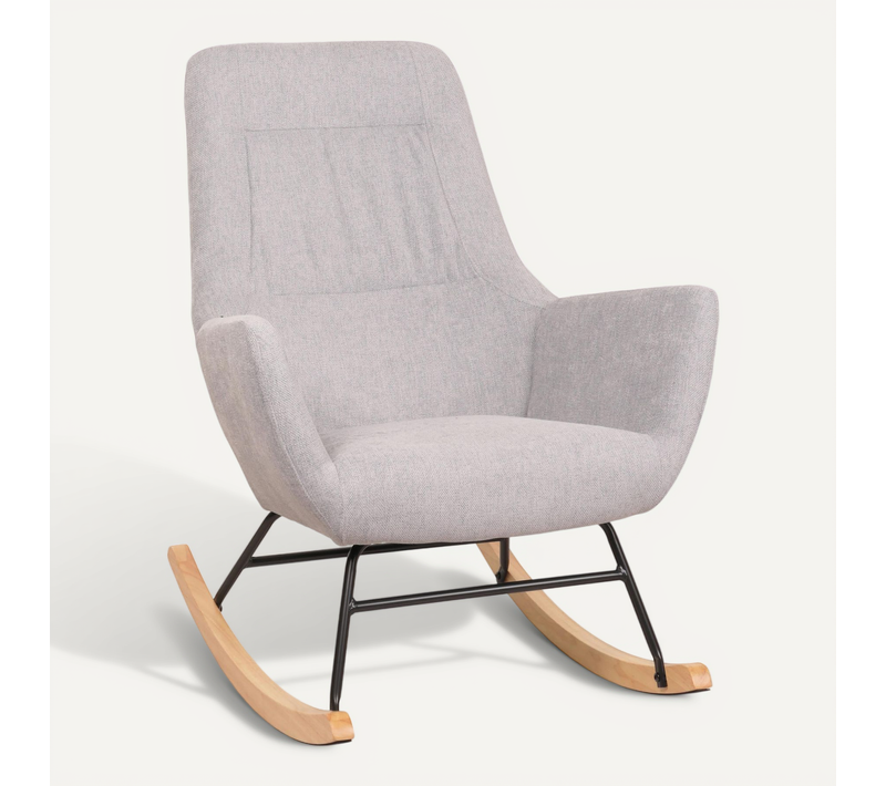Fauteuil à Bascule Chaise De Relaxation Avec Accoudoirs En Bois Métal Et Tissu Gris Clair 04_00069