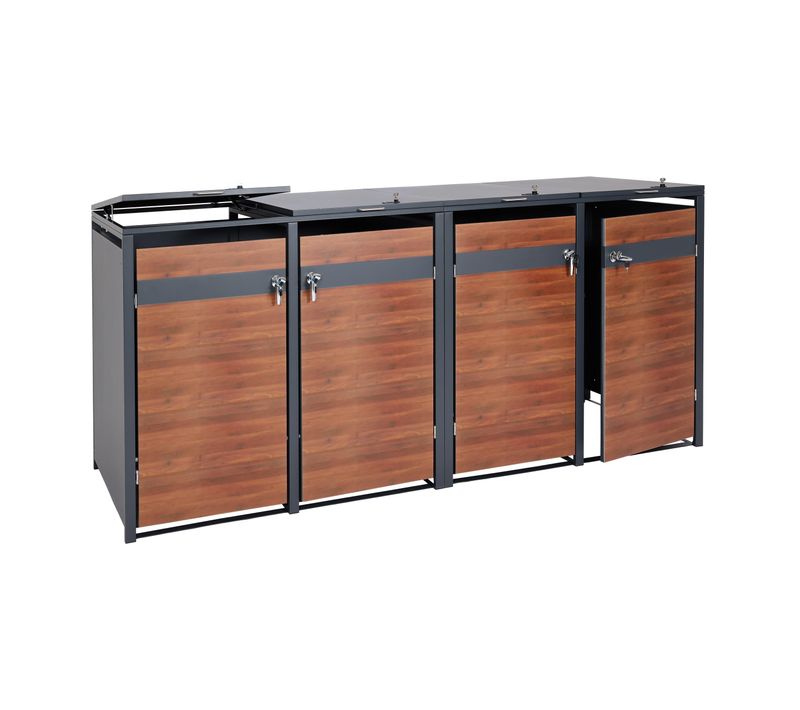 Abri Pour 4 Poubelles Cache-poubelles Extérieur Extensible Métal Anthracite Aspect Bois Cerisier