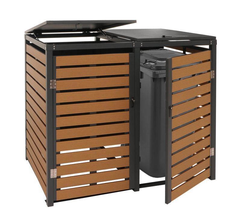 Abris Poubelles Avec Deux Compartiments 119 X 140 X 102 Cm Wpc Métal Aspect Teck 04_0007016