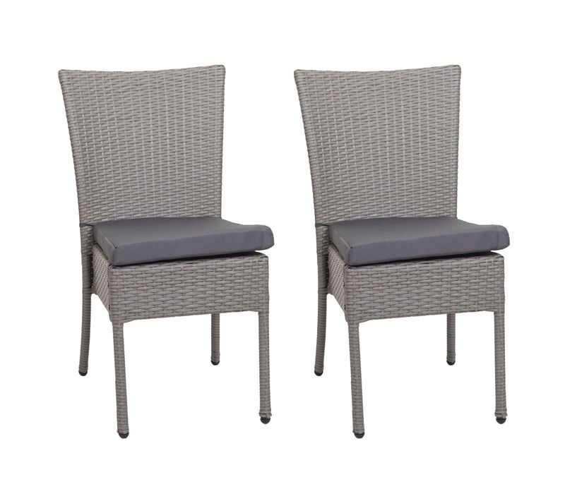 Lot De 2 Chaises En Polyrotin Gris Balcon Jardin Empilable Coussins Gris Foncé 04_0007409