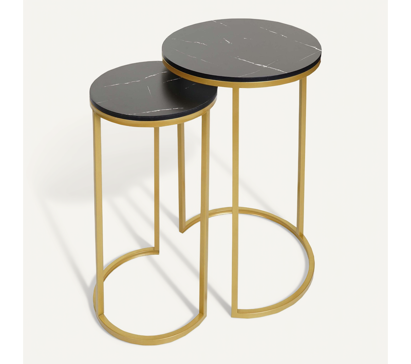 Lot De 2 Tables D'appoint  Aspect Marbre Mdf Noir Et Doré 04_0007448