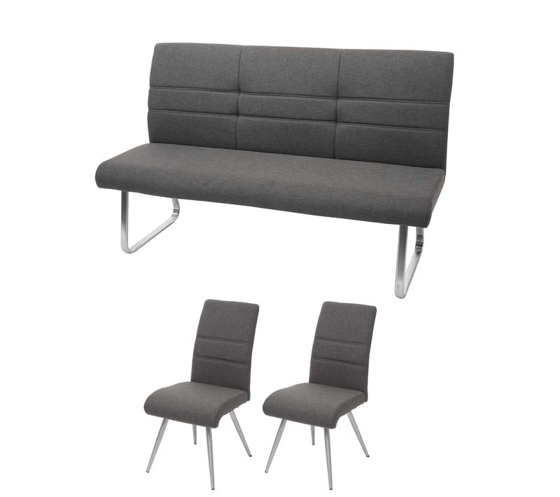 Lot De 2 X Chaise De Salle à Manger + Banc 160 Cm En Tissu Gris Marron Cadre Acier Inoxydable 04_0