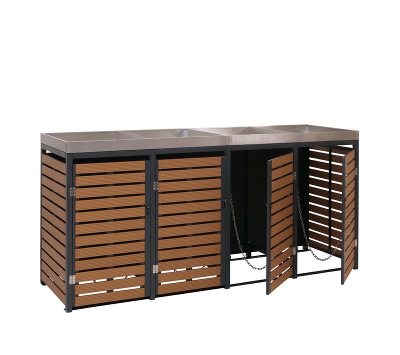Abris Poubelles 4 Compartiments Avec Bac à Plantes 124 X 265 X 84 Cm Wpc Acier Inoxydable Et Acier