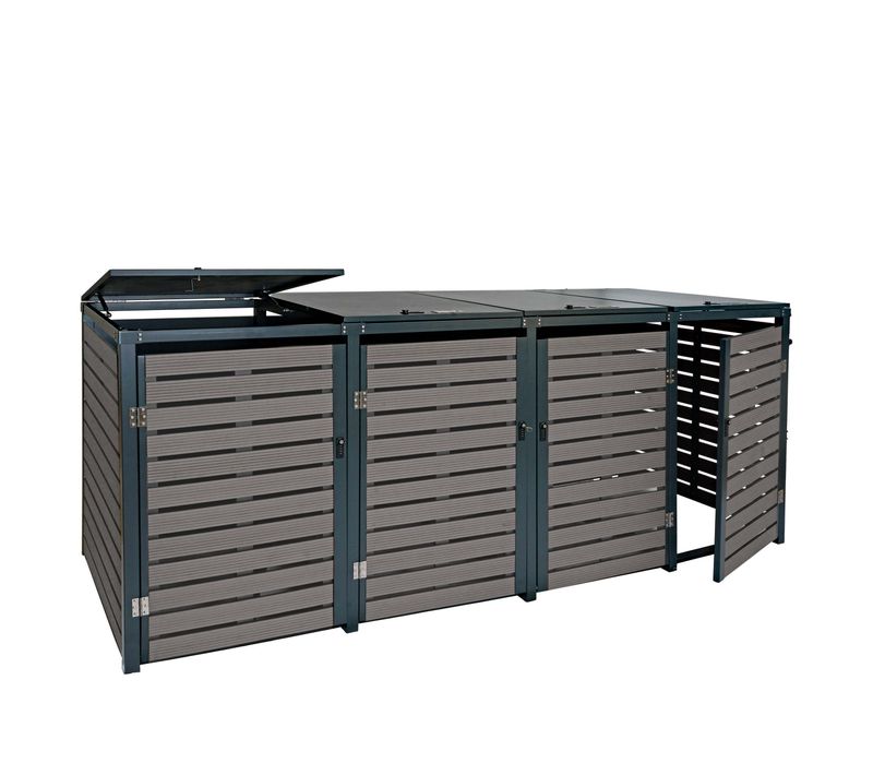Abris Poubelles 4 Compartiments Vérouillables 119 X 264 X 84 Cm Wpc Et Acier Galvanisé Anthracite