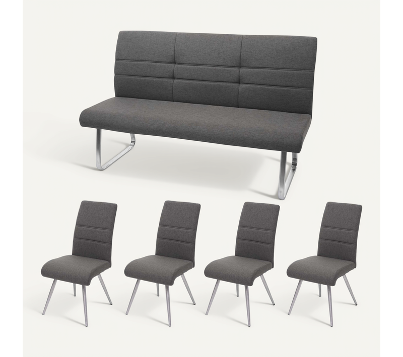 Lot De 4 Chaises De Salle à Manger + Banc 160 Cm En Tissu Gris-marron Et Acier Inoxydable 04_00075